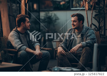 Guy instructs a friend to sit next to him while enjoying snacks and drinks in a bustling urban environment during the evening Guy instructs a friend to sit next to him while enjoying snacks and drinks in a bustling urban environment during the evening 125817822
