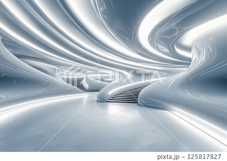 Futuristic museum showcasing symmetrical spiraling ramps illuminated by soft lighting for an immersive visitor experience 125817827