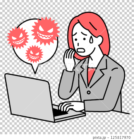 ノートパソコンがコンピューターウィルスに感染して困るスーツの女性 ノートパソコンがコンピューターウィルスに感染して困るスーツの女性 125817970