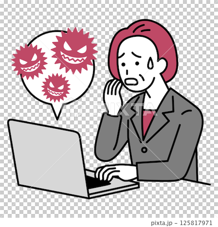 ノートパソコンがコンピューターウィルスに感染して困る中年のスーツの女性 ノートパソコンがコンピューターウィルスに感染して困る中年のスーツの女性 125817971