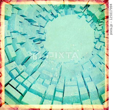 Old cardboard texture with grunge pattern. Square retro backdrop with paper texture of blue color. Vintage cardboard background with abstract decor. Copy space for text 125817994