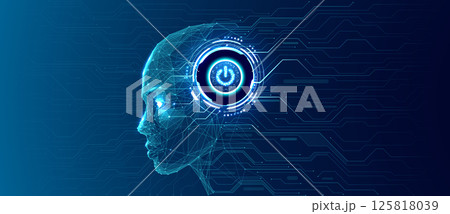 AI human head with circuit with on power button HUD. Vector  125818039