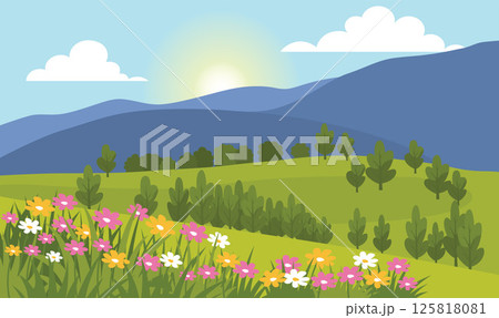 Beautiful Summer Spring Nature Landscape with Mountain Hill View and Blossom Flowers in the Morning 125818081