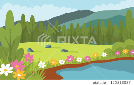 Beautiful Summer Spring Nature Landscape with Hill River View and Blossom Flowers in the Park Beautiful Summer Spring Nature Landscape with Hill River View and Blossom Flowers in the Park 125818087