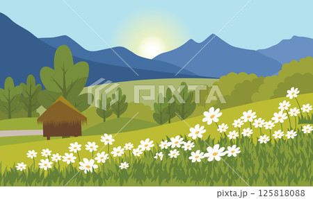 Beautiful Summer Spring Nature Landscape with Mountain Hill View and Blossom Flowers in the Morning Beautiful Summer Spring Nature Landscape with Mountain Hill View and Blossom Flowers in the Morning 125818088