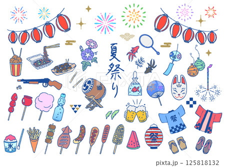 夏祭りイラストセット　手描き線画 125818132