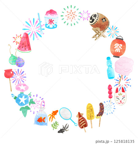 夏祭りイラスト円形フレーム　手描き水彩風　 125818135