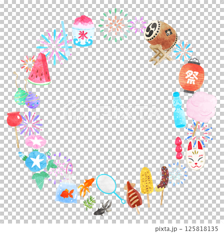 夏祭りイラスト円形フレーム　手描き水彩風　 125818135