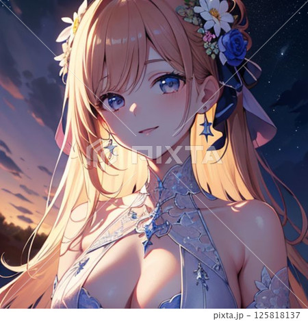 夜の街にたたずむ女の子 125818137