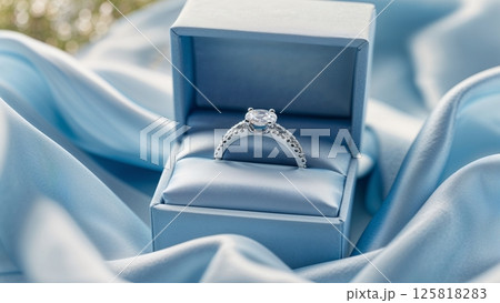ブルーのリングボックスに輝く婚約指輪のクローズアップ 125818283
