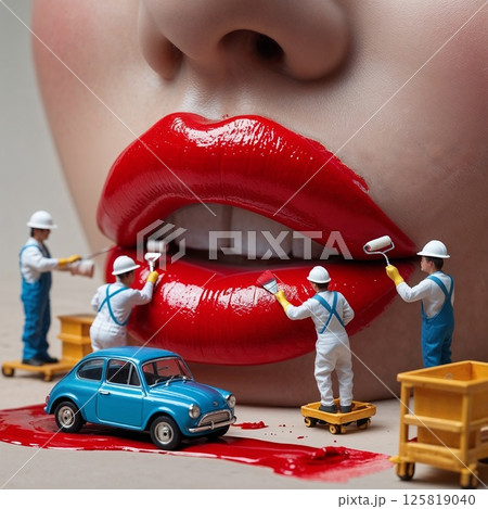 Miniature workers paint glossy red lips with rollers, creating a surreal and artistic makeup concept. 125819040