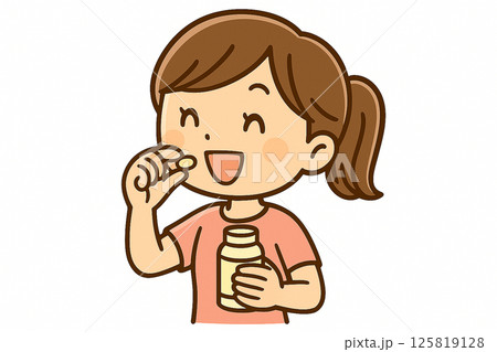 ミニキャラ風の女性がサプリメントを飲む様子のイラスト 125819128