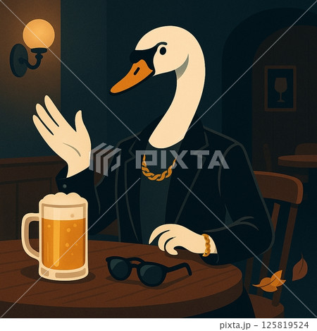 白鳥モード　vol.6　ビールジョッキと白鳥　スタイリッシュ　イラスト　AI生成 125819524