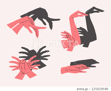 Cartoon Color Different Hand Shadow Puppets Spider, Swan and Beak Set. Vector illustration of Hands Creating Various Shapes 125819590