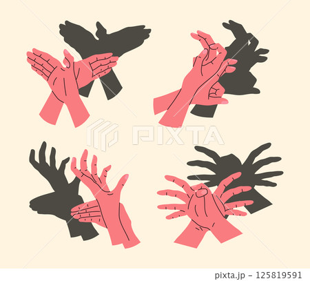 Cartoon Color Different Hand Shadow Puppets Spider, Hare and Deer Set. Vector illustration of Hands Creating Various Shapes 125819591