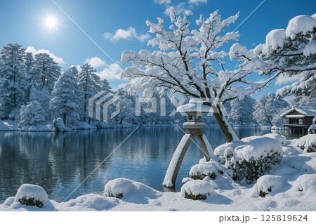 兼六園の雪景色　徽軫灯籠と霞ケ池に映える景観　 125819624