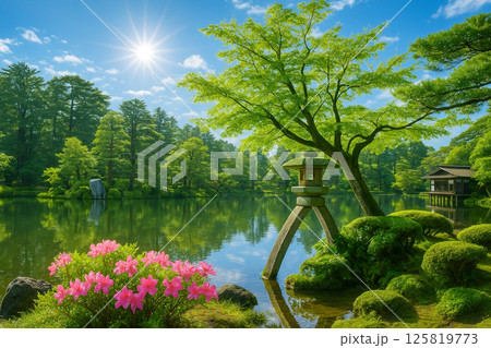 兼六園の若葉と新緑とツツジ　徽軫灯籠と霞ケ池に映える景観　 125819773