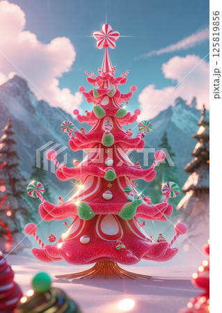 a highly detailed, vibrant, and exaggerated 3D image of a sparkling candy Christmas tree, set against a majestic mountain range in the background, rendered in a stylized 3D animation style 125819856