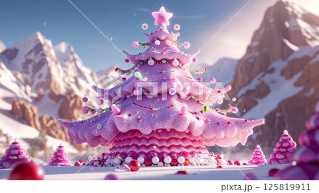 a highly detailed, vibrant, and exaggerated 3D image of a sparkling candy Christmas tree, set against a majestic mountain range in the background, rendered in a stylized 3D animation style 125819911