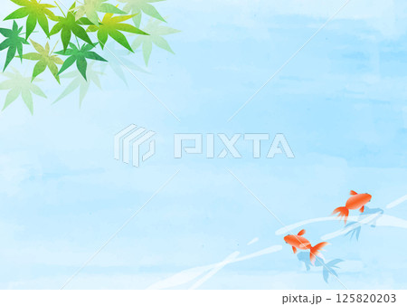水彩の青もみじと金魚の背景イラスト 125820203