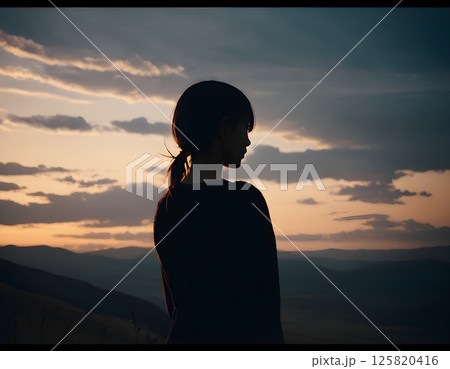 夕焼けを眺める女性 125820416