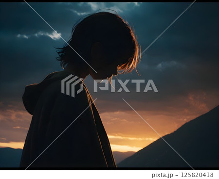 夕日に照らされる女性 125820418