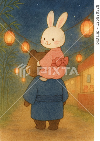 たぬきの背中に乗るうさぎの夏祭りイラスト（帰り道） 125820528