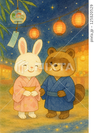 夏祭り会場で風鈴を眺めるうさぎとたぬきのイラスト 夏祭り会場で風鈴を眺めるうさぎとたぬきのイラスト 125820529