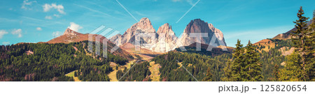 Mountain landscape background. The Dolomites in South Tyrol, Italy, Europe. Horizontal banner Mountain landscape background. The Dolomites in South Tyrol, Italy, Europe. Horizontal banner 125820654