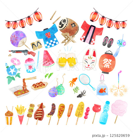 夏祭りイラストセット 手描き水彩風 夏祭りイラストセット 手描き水彩風 125820659