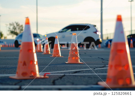Traffic cones on a parking lot with blurred car in the background during a driving test or training. 125820661