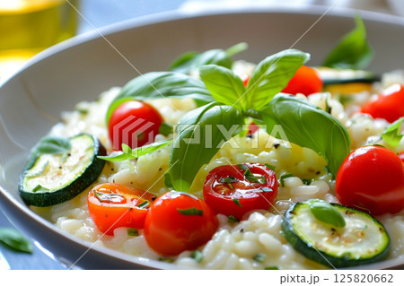 Creamy risotto with cherry tomatoes, zucchini, and fresh basil, served in a white bowl. Creamy risotto with cherry tomatoes, zucchini, and fresh basil, served in a white bowl. 125820662