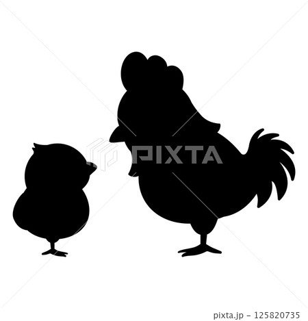 向かい合ったニワトリの親子シルエット 125820735