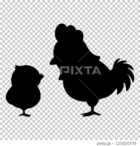 向かい合ったニワトリの親子シルエット 125820735