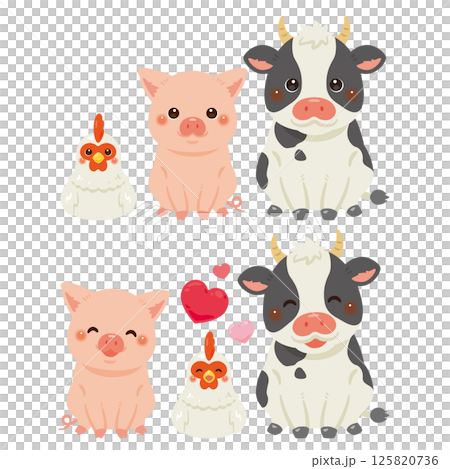 Illustration set of sitting chicken, pig, and cow 125820736