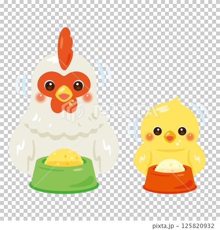 一隻雞和小雞吃東西的插圖 125820932