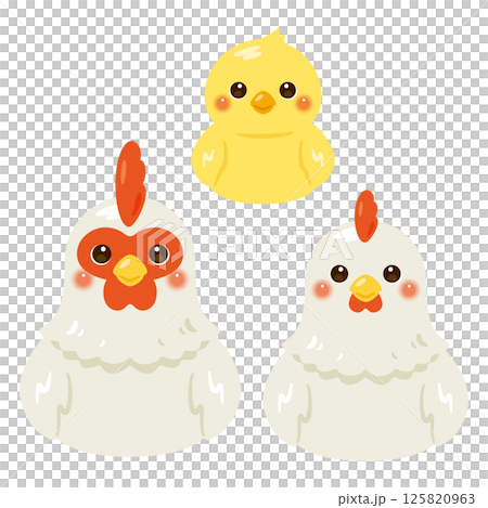 お座りしたニワトリとヒヨコのイラストセット お座りしたニワトリとヒヨコのイラストセット 125820963