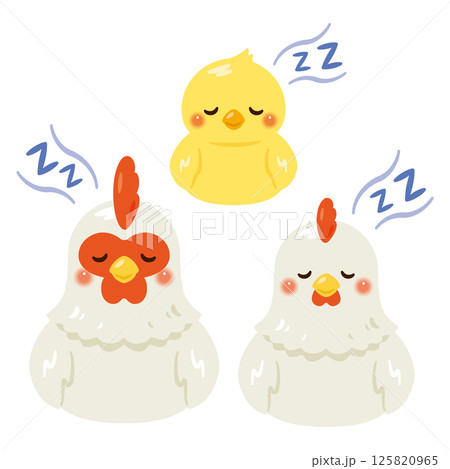 お座りして眠るニワトリとヒヨコのイラストセット 125820965