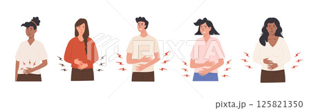 Set of people suffering from stomach ache and holding hands on belly. Young male and female with abdominal pain. Cramps, stomachache, problem with digestion, tummy discomfort. Vector illustration. 125821350
