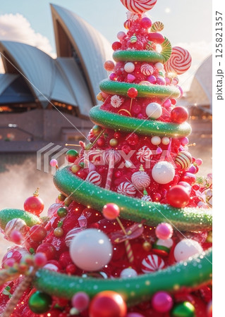 Whimsical red Christmas tree decorated with candy and ornaments, set in front of the iconic Sydney Opera House at sunset. Whimsical red Christmas tree decorated with candy and ornaments, set in front of the iconic Sydney Opera House at sunset. 125821357