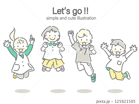 未来へジャンプする子供たち　シンプルでかわいい線画イラスト 125821585