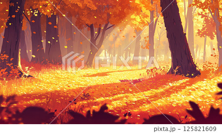 秋の森、木漏れ日と紅葉が美しい風景 125821609