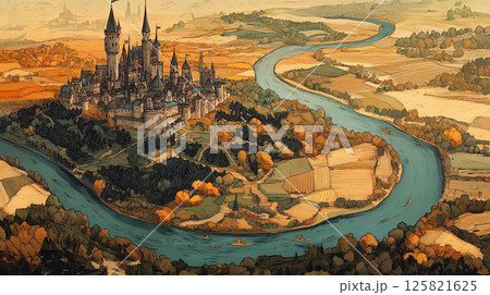 川に囲まれた古城と美しい田園風景 川に囲まれた古城と美しい田園風景 125821625