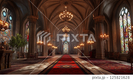 荘厳なステンドグラスのある大聖堂内部 125821628