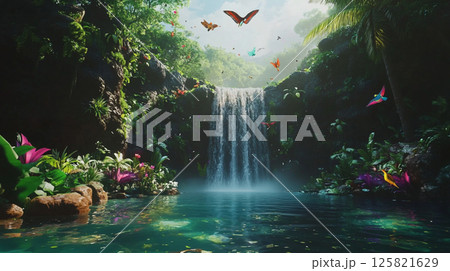滝が流れる熱帯の緑豊かな風景 125821629