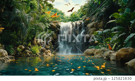 滝が流れる熱帯の緑豊かな風景 125821630