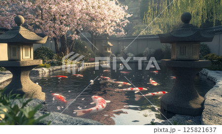 池の鯉と桜が美しい日本庭園 125821637