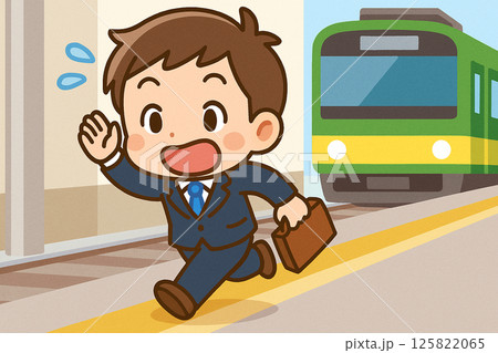 駅で焦るサラリーマンのミニキャライラスト 125822065