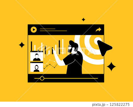 Webinar marketing helps attract and educate customers through engaging online seminars. Online webinar promotion, audience interaction and marketing growth strategy. Vector illustration and icons 125822275