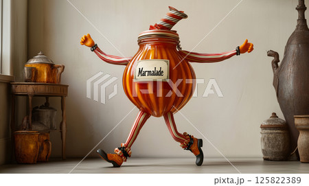 Whimsical anthropomorphic jar of marmalade dancing joyfully in a bright setting 125822389
